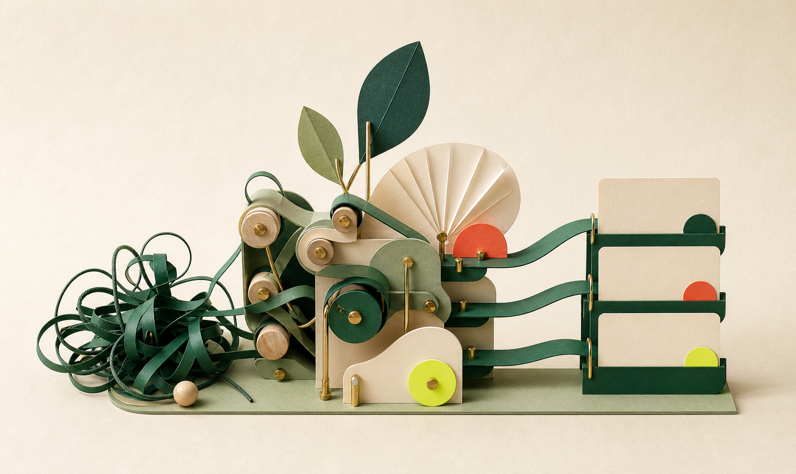 A handcrafted paper machine transforming tangled green ribbons into three organized paths